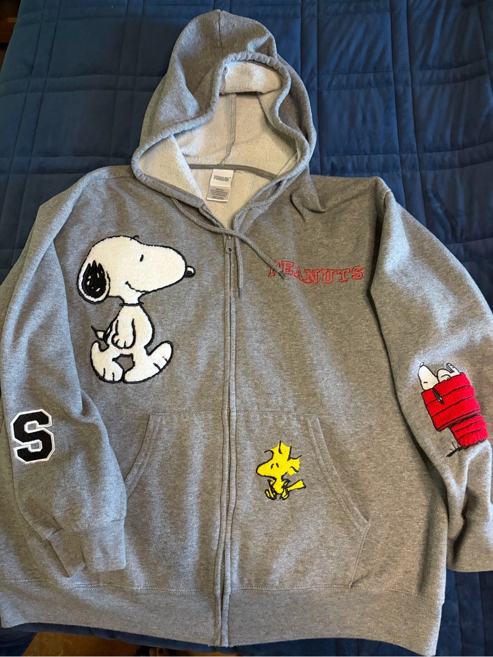 Peanuts Gray Hooded Zip-Up Jacket with Snoopy, Woodstock & Red Doghouse Accents